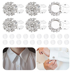 Серебро 24 шт. 2 стильные запонки из сплава со стразами, цветок, с пластиковыми пуговицами с 4-отверстием, плоско-круглые, серебряные, 26x25x10.5 мм