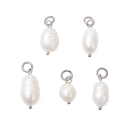 Нержавеющая Сталь Цвет Подвески из натурального культивированного пресноводного жемчуга и риса, с 304 кольцами из нержавеющей стали, цвет морской раковины, цвет нержавеющей стали, 16~20x8~10 мм, отверстие : 4 мм