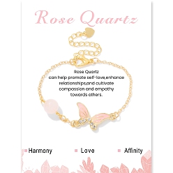 Розовый Кварц Браслеты с звеньями из натурального розового кварца и эмали бабочки, с цепочкой из сплава для женщин, ссылка «бабочка»: 1/2x1 дюйм (1.4x2.5 см)