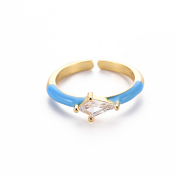 Dodger Blue Brass Enamel Cuff Rings, Open Rings, Solitaire Rings, with Clear Cubic Zirconia, Nickel Free, Rhombus, Golden, Dodger Blue, US Size 7(17.3mm)