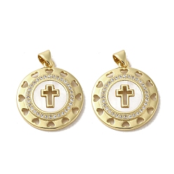 Cross Латунные микропаве прозрачные подвески с фианитом, с оболочкой, реальный 18 k позолоченный, плоско-круглые, без кадмия и без свинца, крестик, 24.5x21.5x3 мм, отверстие : 3.5x4 мм