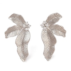 Платина Фурнитура для серег-гвоздиков из латуни с паве из прозрачного кубического циркония, с петлей, лист, платина, 28x16 мм, отверстие : 1 мм, штифты : 0.8 мм