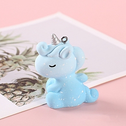 Светло-Голубой Большие подвески из непрозрачной смолы, с железными петлями, единорог, Небесно-голубой, 55x25 мм