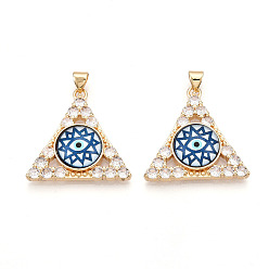 Стально-синий Латунные подвески с микропаве из прозрачных кубических цирконий для женщин, треугольник с глазом, cmолой, реальный 18 k позолоченный, стальной синий, 26.5~27x27.5x7 мм, отверстие : 3.5x5 мм