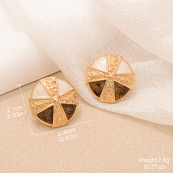 Плоский Круглый Серьги-гвоздики из сплава, эмали и натурального тигрового глаза, золотые, плоско-круглые, 21x20.6 мм