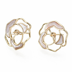 Real 18K Gold Plated Brass Stud Earring Findings, for Half Drilled Beads, with Freshwater Shell, Nickel Free, Leaf, Real 18K Gold Plated, 18x17.5mm, Pin: 0.8mm, Pin: 0.8mm(for half drilled beads)