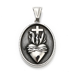 Античное Серебро 316 хирургические подвески из нержавеющей стали, овал с сердцем и крестом, античное серебро, 36x26.5x4.5 мм, отверстие : 9x4.5 мм