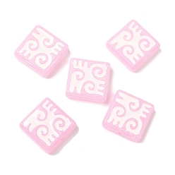 Pink Окрашенные и запеченные стеклянные бусины, квадрат с рунами, с эмалью, розовые, 18x18x6 мм, отверстие : 1.4 мм