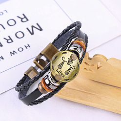 Весы Браслеты из искусственной кожи с тройным слоем из нескольких нитей, плоские круглые браслеты из сплава в виде созвездия для мужчин и женщин, Весы, 7-1/8 дюйм (18 см)