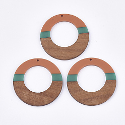 Темно-Оранжевый Подвески из смолы и ореха, трехцветный, плоско-круглые, темно-оранжевый, 49x3~3.5 мм, отверстие : 2 мм