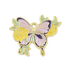 Лиловый Подвески из эмали и сплава, золотые, бабочка с цветочным шармом, сирень, 27x33x1 мм, отверстие : 2 мм