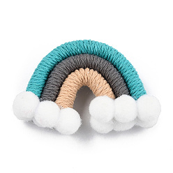 Dark Turquoise Polycotton(Polyester Cotton) Woven Rainbow Wall Hanging, Macrame Woven Rainbow with Pompom, Dark Turquoise, 35~37x48~52x16~17.5mm