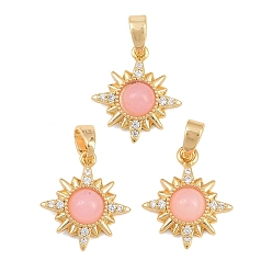 Pink Brass Micro Pave Clear Cubic Zirconia with Rose Quartz Pendants, Star Charms, Real 18K Gold Plated, Pink, 14.5x13x4.5mm, Hole: 5x3mm