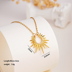 Золотой 304 Подвеска-солнце из нержавеющей стали с микропаве из прозрачного кубического циркония для женщин, золотые, золотые, 15.75 дюйм (40 см), Кулон : 23x23.6 мм