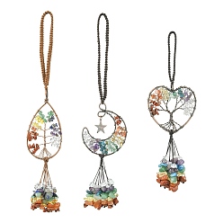 Смешанные камни 3 шт. 3 стили медная проволока, обернутая в чакру, натуральный драгоценный камень с подвеской в виде дерева жизни, подвесные украшения с кисточками, слеза, сердце и луна, 106~215 мм, 1 шт / стиль