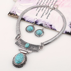 Античное Серебро Овальные синтетические бирюзовые подвески и комплекты серег-подвесок. Комплекты ювелирных изделий из сплава, античное серебро, 400 мм