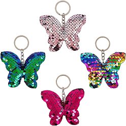 Mixed Color Keychain, with Plastic Paillette Beads, Iron Key Ring and Chain, Butterfly, Mixed Color, 10.2cm