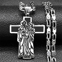 Античный Серебристый & Цвет Нержавеющей Стали Религия 201 ожерелья с подвеской в виде креста Девы Марии из нержавеющей стали с черной эмалью, старинное серебро и цвет нержавеющей стали, 21.46 дюйм (54.5 см), Кулон : 43x32 мм
