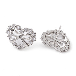 Platinum Heart with Bowknot Brass Stud Earrings, with Clear Cubic Zirconia, Long-Lasting Plated, Lead Free & Cadmium Free, Platinum, 12x16mm