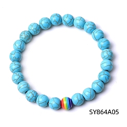 Synthetic Turquoise Synthetic Turquoise & Glass Round Beaded Stretch Bracelet, 7-1/4~7-1/2 inch(18.5~19cm)