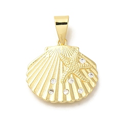 Настоящее золото 18K Покрытие стойки латунь с подвесками из фианита, долговечный, без свинца и без кадмия, подвески в форме ракушек, реальный 18 k позолоченный, 22.5x24.5x2.5 мм, отверстие : 8x4.5 мм