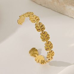 Golden 304 Stainless Steel Open Cuff Bangles for Women, Leaf, Golden, Inner Diameter: 1.85 inch(4.7cm)x2.09 inch(5.3cm)