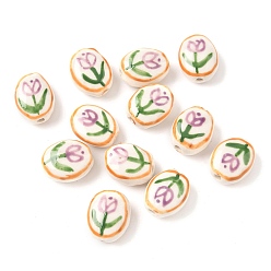 Oval Цветочная тема фарфоровые бусины ручной работы, овальные, 15~15.5x12~12.5x7.5~8.5 мм, отверстие : 1.8 мм