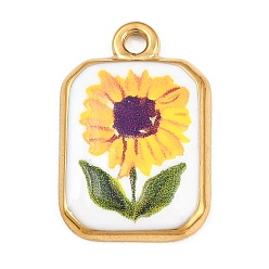 Amarillo Colgantes de acero inoxidable impresos 304, Octágono rectangular con dijes de girasol, dorado, amarillo, 23x15x3 mm, agujero: 2.1 mm