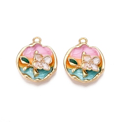 (404) Непрозрачное AB Кислое яблоко Стойки обшивки сплава эмали подвески, без кадмия, без никеля и без свинца, золотой свет, плоская круглая с подвеской в виде цветка, цветочный белый, 23.5x19.5x5.5 мм, отверстие : 1.6~2 мм