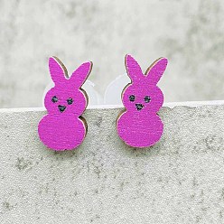 Фуксин Серьги-гвоздики из пасхального дерева, кролик, фуксиново-красные, 14 мм
