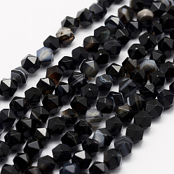 Черный Натуральные полосатые агатовые / полосатые агатовые бусинки, звезды вырезать круглые бусы, окрашенная и подогревом, граненые, чёрные, 5.5~6 мм, отверстие : 1 мм, около 63~68 шт / нитка, 15.3~15.5 дюйм (39~39.5 см)