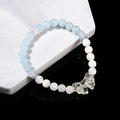Аквамарин Натуральный аквамарин круглые бусины растягивать браслеты, с натуральными белыми круглыми бусинами из ракушек, бант из кварцевого кристалла, внутренний диаметр: 2-1/8 дюйм (5.5 см)