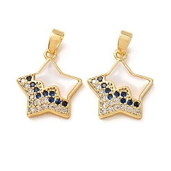 Real 18K Gold Plated Brass Micro Pave Cubic Zirconia Pendants, Star Charm, with Natural Shell, Real 18K Gold Plated, 17x15.5x3.5mm, Hole: 2x4.5mm