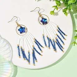 Blue Star Glass Seed Beaded Dangle Tassel Earrings, Brass Ring and 304 Stainless Steel Dangle Earrings for Women, Golden, Blue, 95.5~96.5x20mm