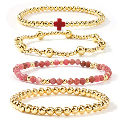 Клубничный Кварц 4шт 4 стили натуральный клубничный кварц и латунные круглые бусины эластичный браслет набор для женщин, внутренний диаметр: 6-7/8 дюйм (17.5 см)