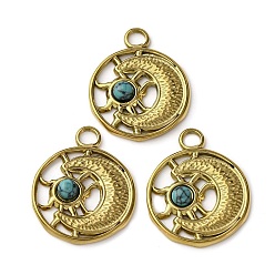 Золотой Подвески из синтетической бирюзы в виде солнца и луны, с 304 установками из нержавеющей стали, с ионным покрытием (ip) 304 настройки из нержавеющей стали, золотые, 25x20.5x3.5 мм, отверстие : 3.5 мм