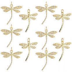 Настоящее золото 18K 10 кулоны из латуни с прозрачным кубическим цирконием, с целью перехода в кольце, без кадмия, без никеля и без свинца, стойки покрытие, стрекоза, реальный 18 k позолоченный, 26x27x2.5 мм, отверстие : 3 мм