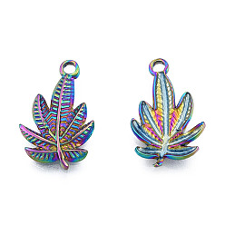 Rainbow Color Ion Plating(IP) 304 Stainless Steel Pendants, Leaf, Rainbow Color, 22x14x2mm, Hole: 1.8mm
