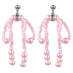 Pearl Pink Glass Seed & Imitation Pearl Bowknot Dangle Stud Earrings, 304 Stainless Steel Long Drop Earrings, Pearl Pink, 67x47mm