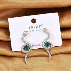 Платина Латунные микро проложить серьги стержня кубического циркония, с s 925 штырями стерлингового серебра, змея, платина, 39x13 мм