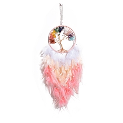 Смешанные камни Паутина/сетка из железа и натуральных драгоценных камней с подвесками из перьев, плоские круглые с дерева жизни, упаковка: 320x180 мм