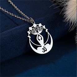 Цветок 304 подвески из нержавеющей стали с лазерной резкой, цвет нержавеющей стали, не тускнеет, цветок лотоса йоги, 15.75 дюйм (40 см), Кулон : 24x18 мм