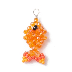 Оранжевый Граненые подвески стекла, рыба, с серебряной медной проволокой и бисером, оранжевые, 33x15x6.5 мм, отверстие : 3 мм