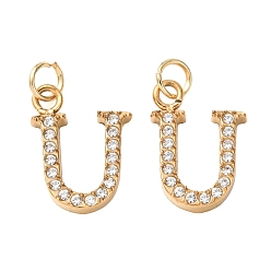 Letter U 304 Stainless Steel with Crystal Rhinestone Charms, Letter Charms, Polished, Ion Plating(IP), Golden, Letter U, 13x10x2mm, Hole: 2.5mm