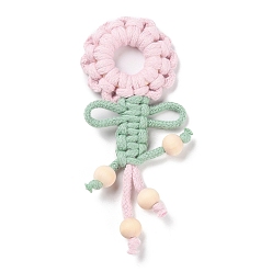 Pink Große Anhänger aus Polycotton-Stoff, mit Holzperlen, Blume des Lebens-Charms, rosa, 137~142x52~55x11.5 mm, Bohrung: 5x5 mm