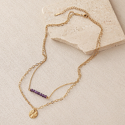Amethyst 304 Stainless Steel Textured Coin Pendant Double Layer Necklaces, Faceted Round Natural Amethyst Necklaces for Women, Real 18K Gold Plated, 15.75 inch(40cm)