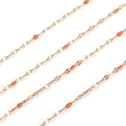 Coral Handmade 304 Stainless Steel Dapped Chains, Cable Chains, with Enamel and Spool, Soldered, Flat Oval, Long-Lasting Plated, Coral, 3x1.5x0.1~1mm, about 32.8 Feet(10m)/roll