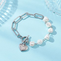 Нержавеющая Сталь Цвет 304 гальванизированные бусины из ракушек и 304 цепочки-скрепки из нержавеющей стали, браслеты из бисера для женщин, с 201 застежками-тогглами из нержавеющей стали и 7-3/4 подвеской в виде сердца из нержавеющей стали, цвет нержавеющей стали, 19.6 дюйм ({2} см)