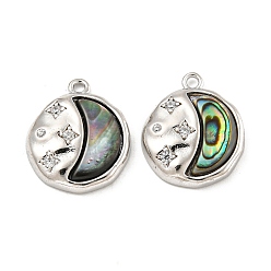 Real Platinum Plated Brass Micro Pave Clear Cubic Zirconia Pendants, Cadmium Free & Nickel Free & Lead Free, with Paua Shell, Flat Round Charms, Real Platinum Plated, 15.8x13.5x3mm, Hole: 1.4mm