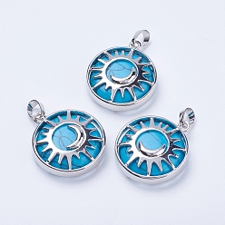Synthetic Turquoise Synthetic Turquoise Pendants, with Brass Findings, Flat Round with Sun & Moon, Platinum, 31x27.5x8mm, Hole: 5x7mm